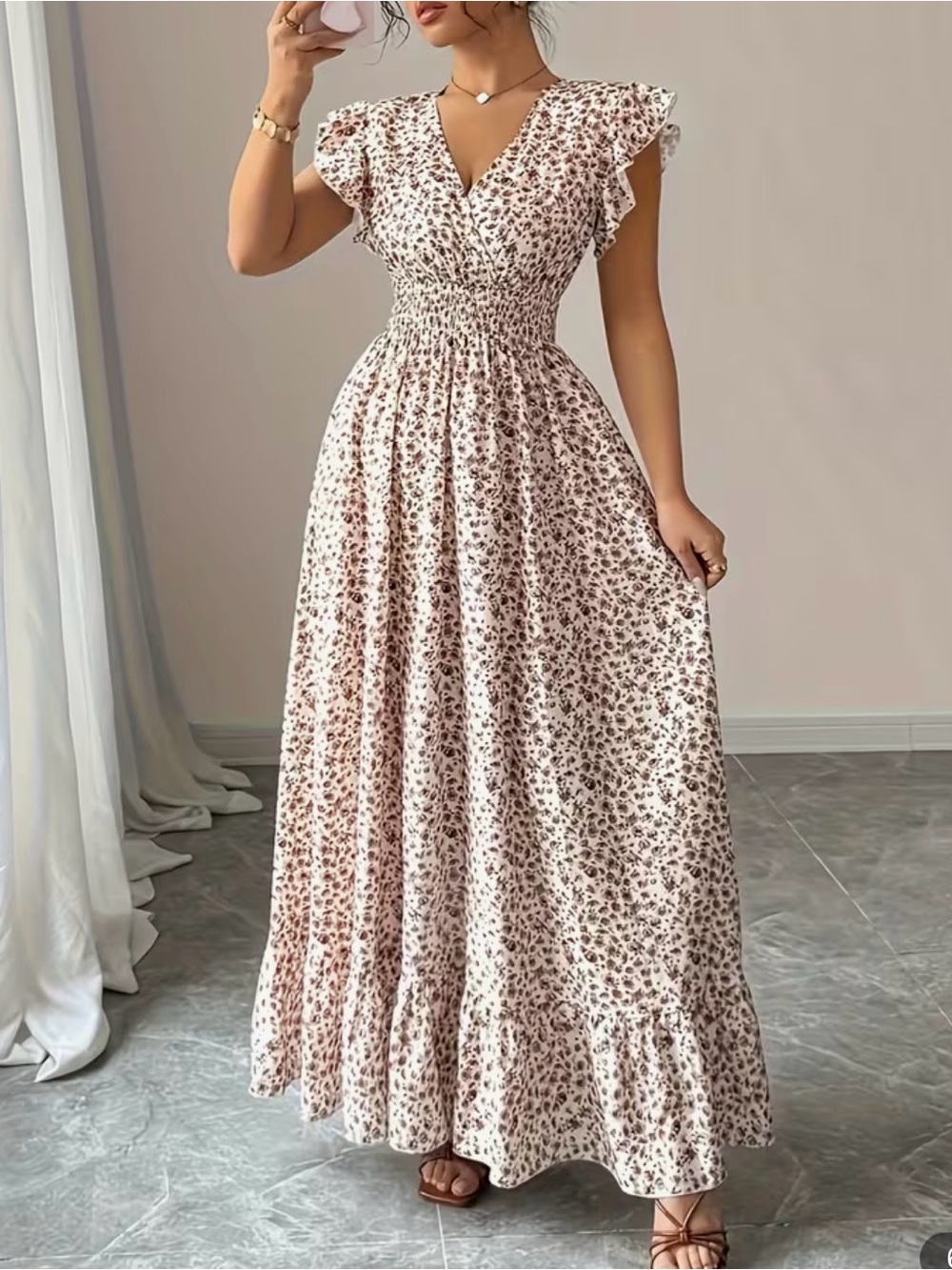 Floral Smocked Maxi Dress in Cream and Brown